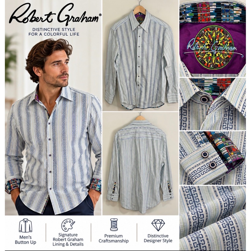 Robert Graham Mens Blue White Greek Key Stripe Long Sleeve Button Down Shirt L